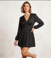 Express  large Polka Dot Long Sleeve Mini shortDress With V-Neck & Fitted Waist