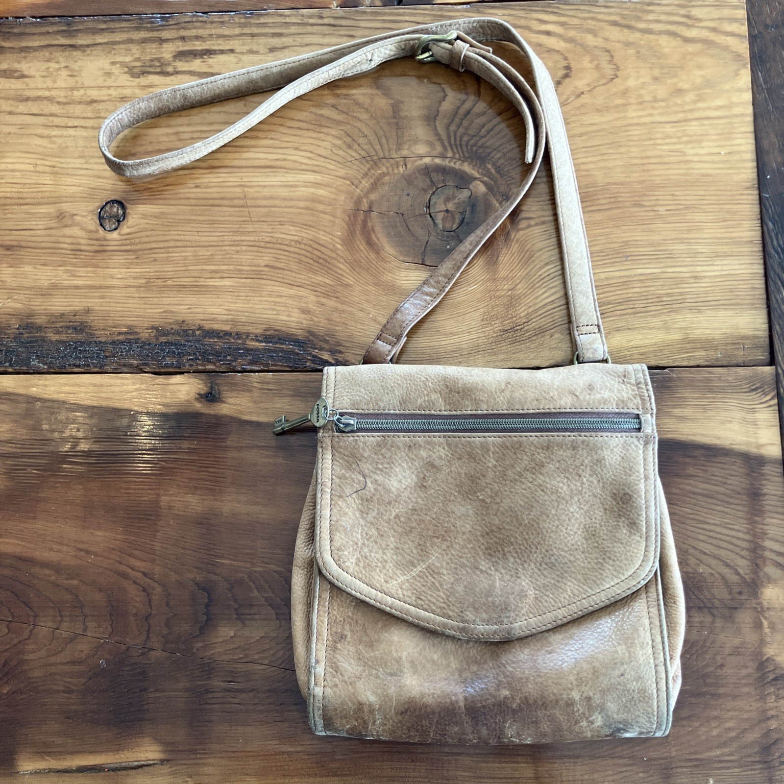 Fossil Tan Leather Flap Crossbody Purse