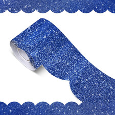 70Ft Glitter Scalloped Bulletin Board Borders - Blue Rolled Border Trim with Wav