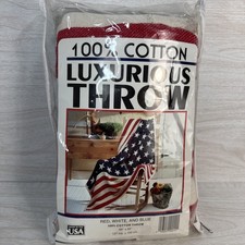 Image of Vtg 1990s Crown Crafts Luxurious Throw USA Flag Blanket Cotton NOS