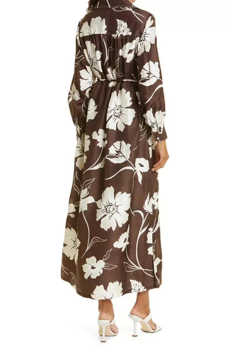 Abito tunica in seta TORY BURCH M stampa margherita cioccolato profondo Be nuovo con etichette