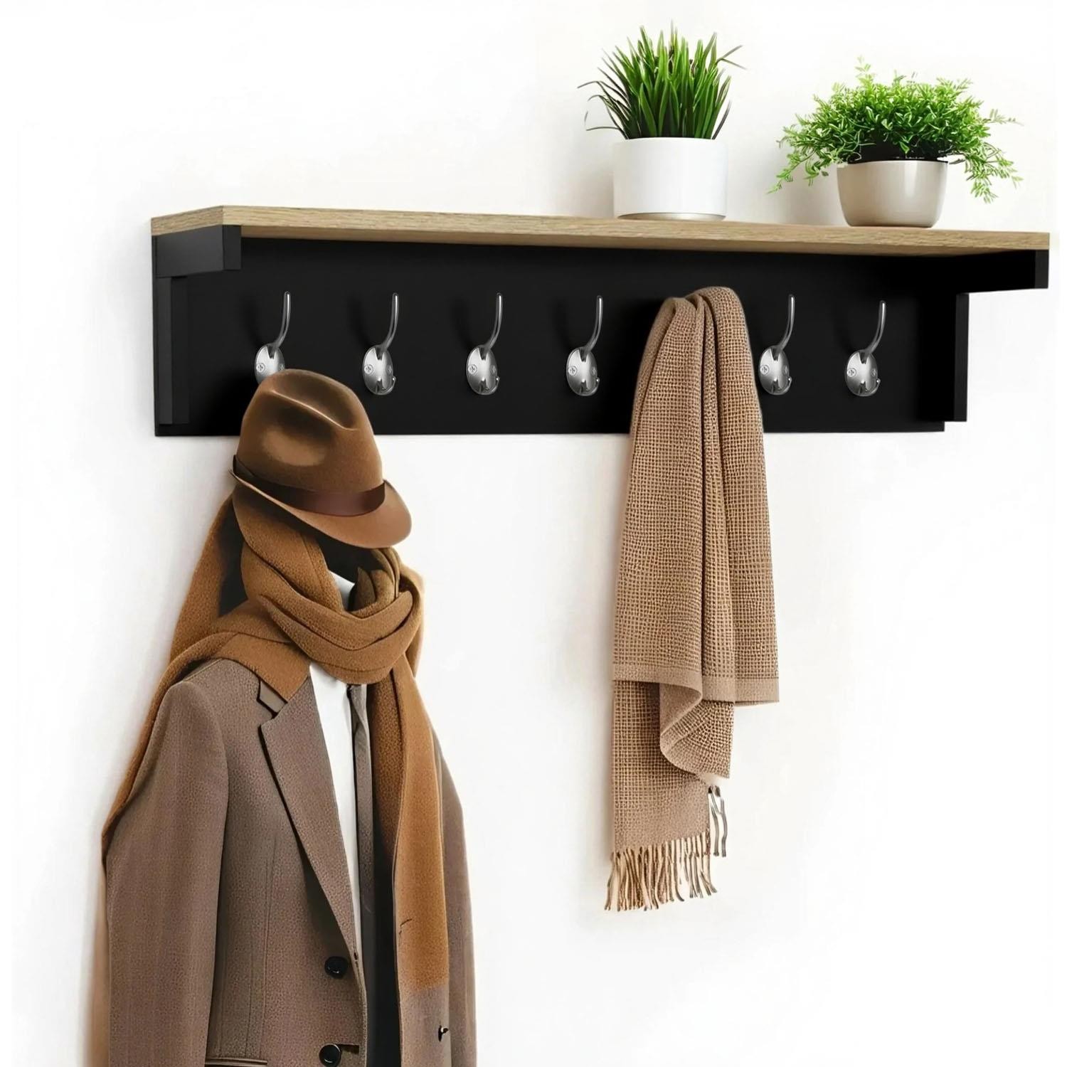 80cm Black Wall Mounted Coat Rack Shelf 7 Double Hooks Entryway Hat Hanger Unit