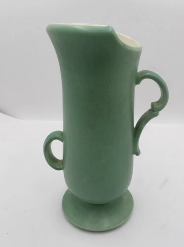 Vintage #1358 Red Wing Double Handled Vase Green Glaze w/ White Inside