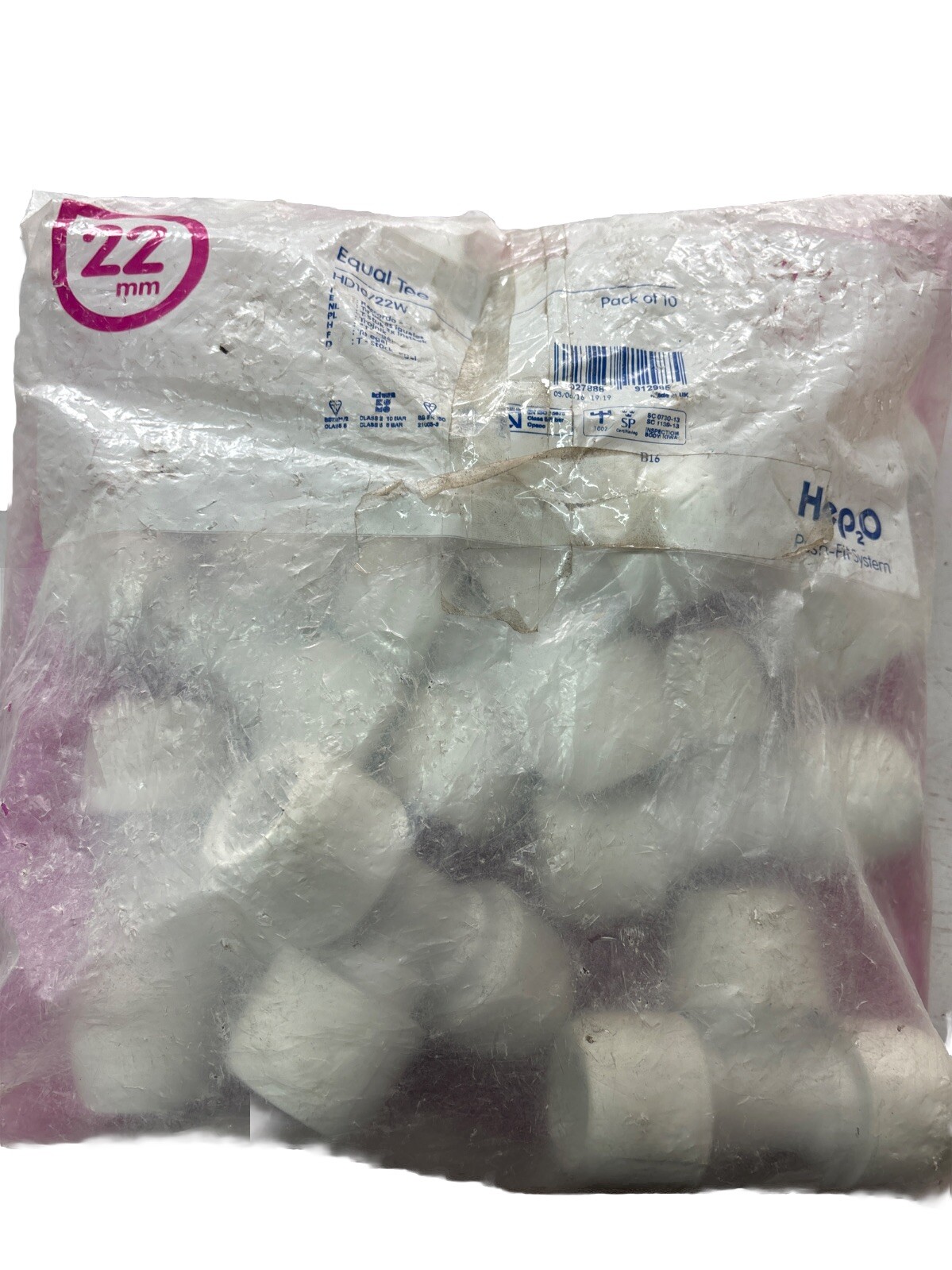 Hep2O 22mm Equal Tees HD10/22W Pack Of 10