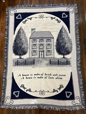 Saltbox House Primitive Home Made of Love Navy Blue Cotton Throw Blanket NOS