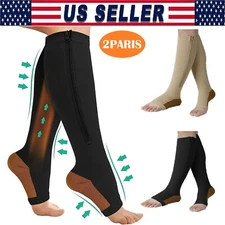 2 PAIRS Zip Up open Toe Compression Zipper Socks Calf Support Stocking Men Women