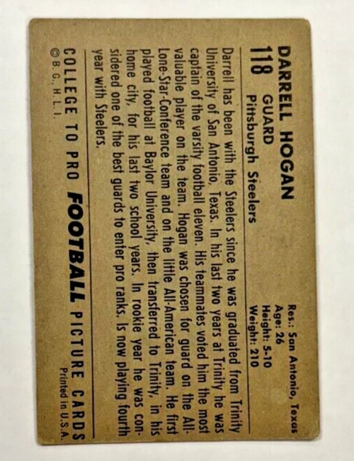 Darrell Hogan 1952 Bowman Large Football #118 SP Pittsburgh Steelers VG-VG+ - Image 2 of 3