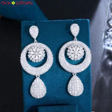 Silver Plated Heavy Work Dangle Water Droplets Cubic Zirconia Big Long Earrings