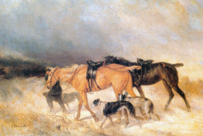 HORSES AND DOGS BORZOI SNOW RUSSIA PAINTING BY NIKOLAY EGOROVICH