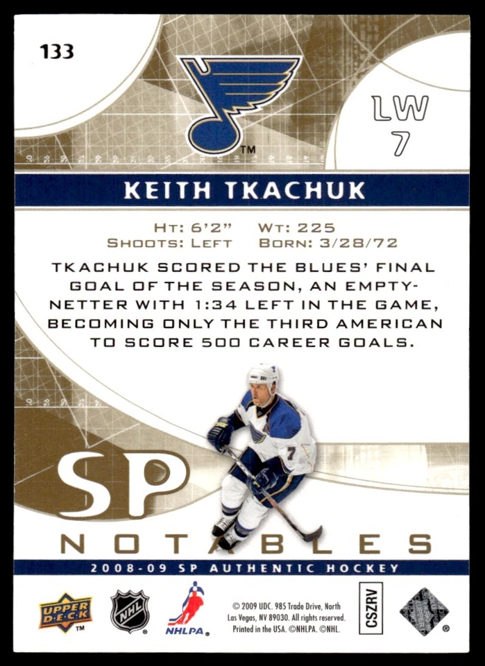 2008-09 SP Authentic Limited GOLD Keith Tkachuk 019/100 St. Louis Blues #133 - Image 2 of 2