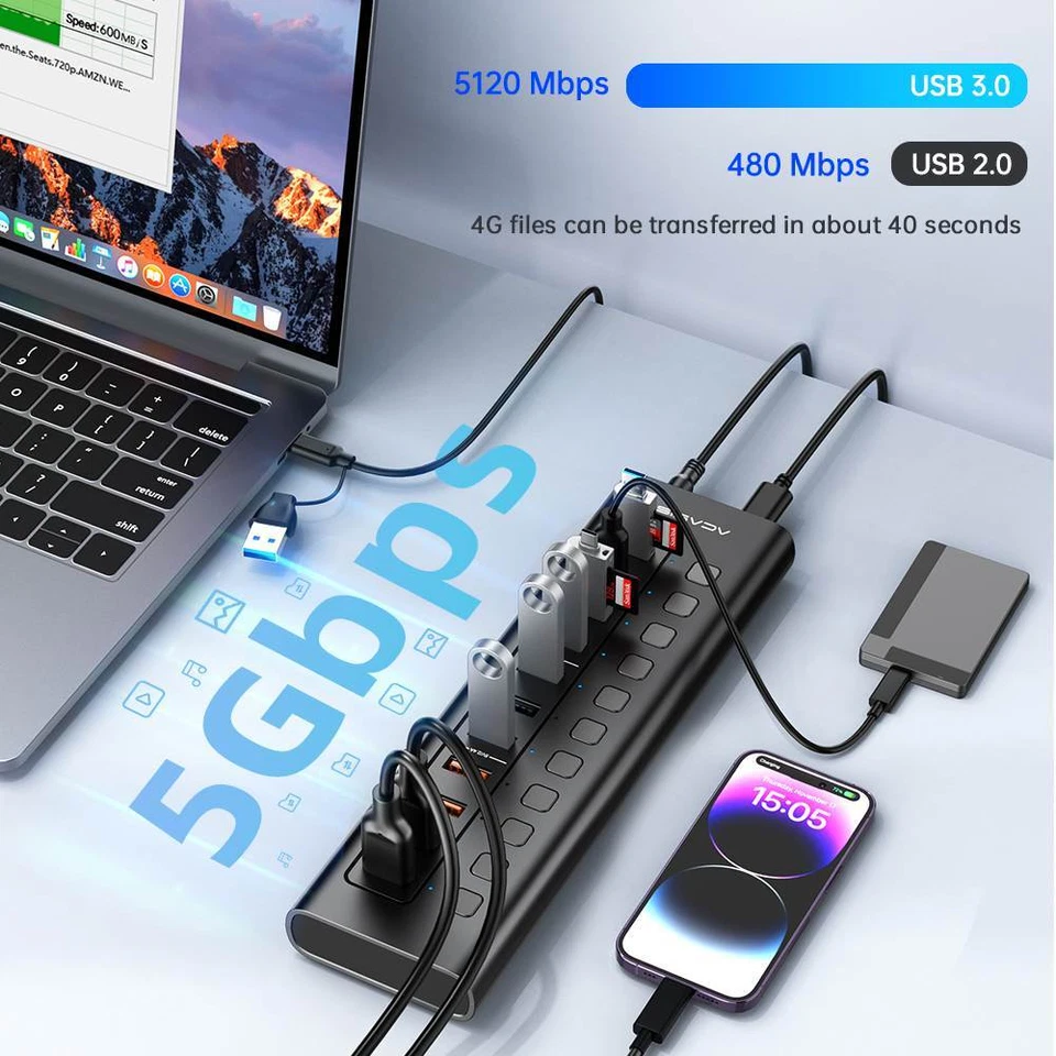 Acasis 5Gbps USB 3.0 Hub 11 Port On/Off Switch with AC Power Adapter for Laptop - Image 3 of 4