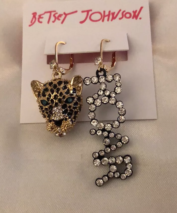 Betsey Johnson Gold Tone True Leopard Leopard Roar Mismatch Drop Earrings NWT
