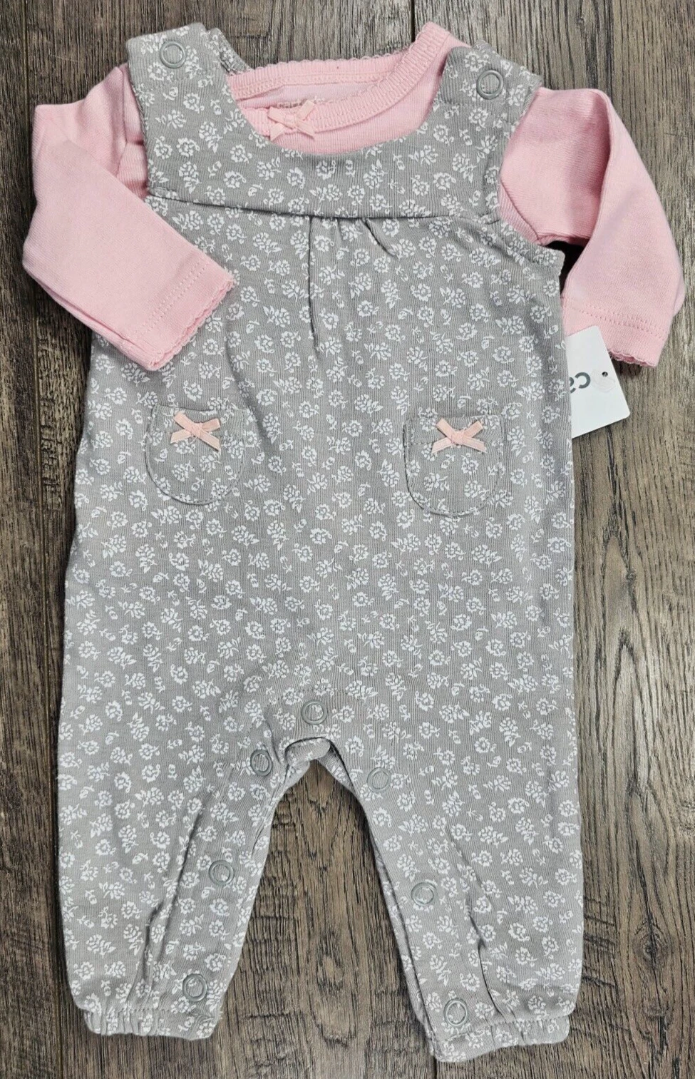 New Baby Girl Clothes Carter's Preemie 2pc Gray Floral Overalls Outfit