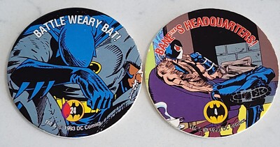Batman 1993 DC Comics Skycaps Milk Cap Pogs 2 Lot #4 Battle Weary Bat & #24 Bane