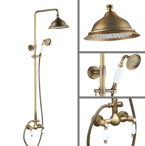 Antique Brass Bath Rainfall Wall Mounted Shower Faucet Set Tub