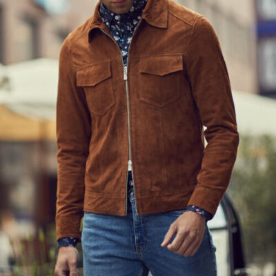 Men Brown Trucker Leather Jacket Pure Soft Suede Biker Motorcycle Coat Jacket