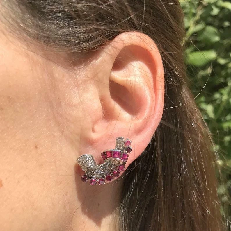 Винтажные серьги-манжеты середины века 2,11 карата с розовым рубином и белым цирконием 1,29 карата - Изображение 4 из 4