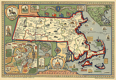 Buy Midcentury Pictorial Massachusetts Map Genealogy Wall Art Poster 11x16 History