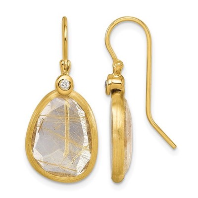 14k Gelbgold Satin Diamant und Rutilquarz Schäfer Haken Ohrhänger
