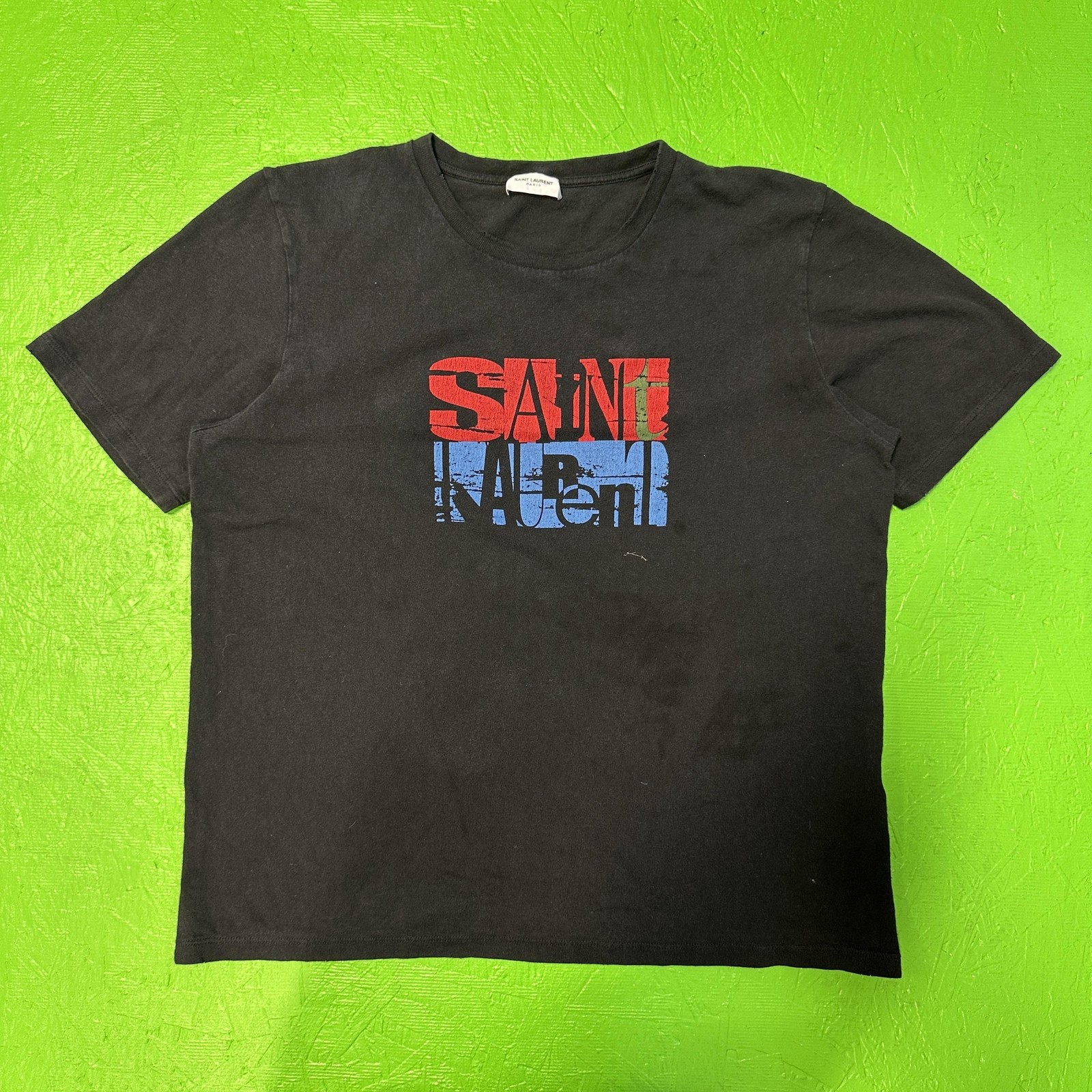 Saint Laurent Camicia Uomo Media Nera Grafica Parigi Logo Distressed Tee Designer