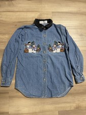 VTG Bobbie Brooks Denim Shirt Women SM Button Down Embroidered Christmas Winter