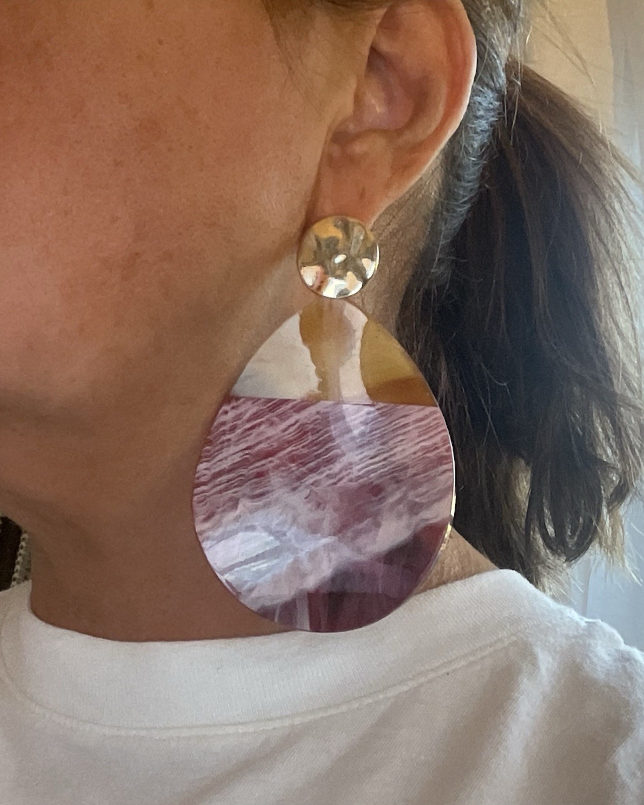 2 Boho Earrings Large Statement White Leather Hor… - image 4