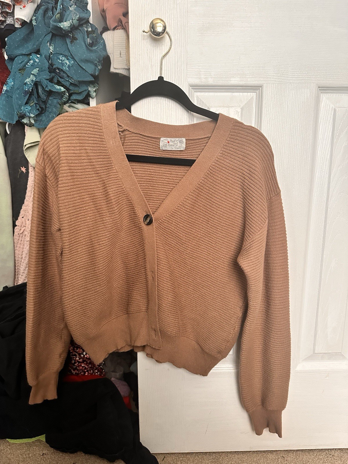 Poof Apparel Brown Ribbed Knit Cardigan Sweater Button Accent V-Neck Size L