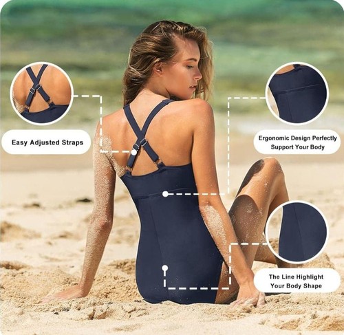 Swimming Costume Ruched Tummy Control V Neck One Piece Swimsuit Size UK 22-24 - Picture 3 of 5
