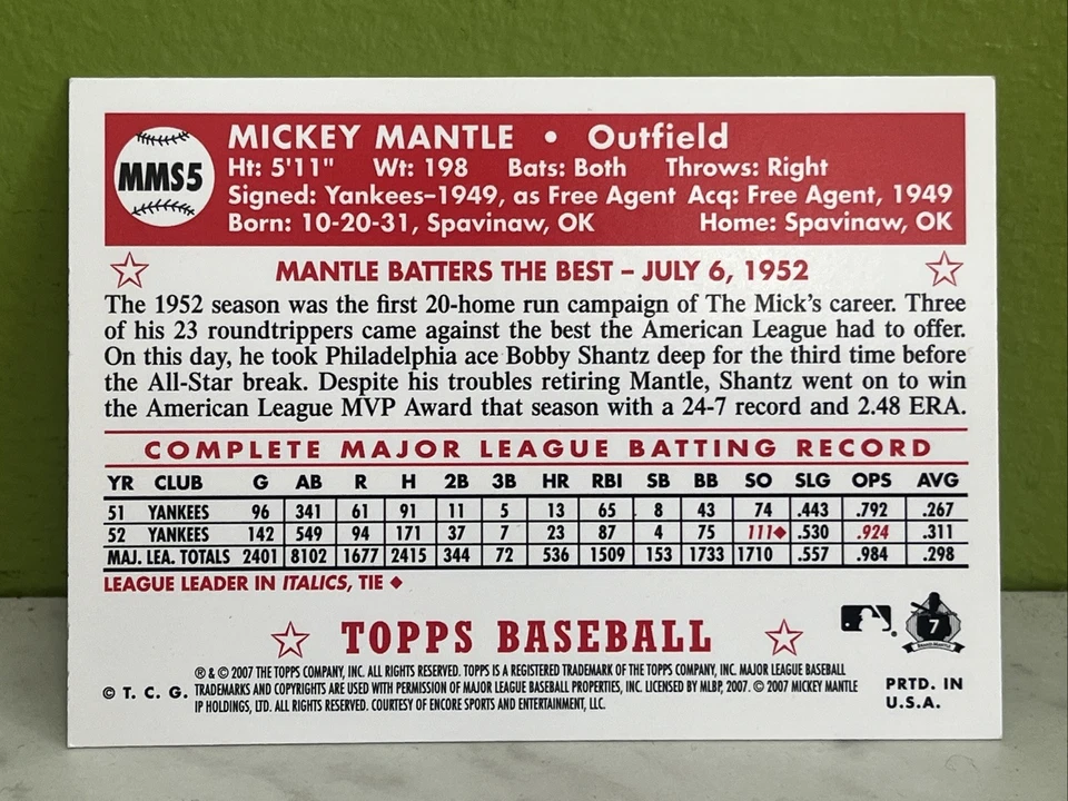 2007 Topps - Mickey Mantle Story - Mickey Mantle #MMS5 🐐 - Image 2 of 2