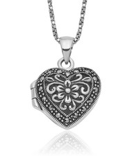 925 Sterling Silver Flower Marcasite Heart Photo Locket Chain Necklace