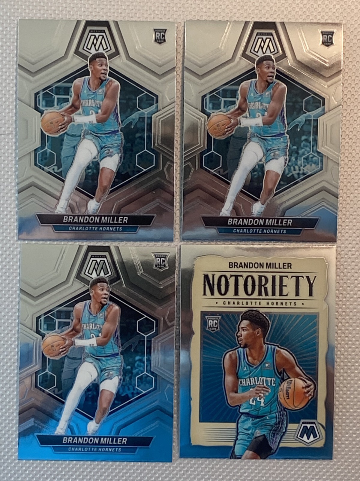 4 BRANDON MILLER ROOKIES 2023-24 Mosaic #202 & Notoriety #10 Hornets COMB S&H