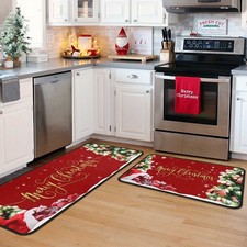 Christmas Kitchen Rugs 2 PCS Merry Christmas Kitchen Rug Non Skid Washable Pa...