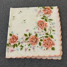 Vintage Handkerchief Hankie Roses Peach Pink 13 in Scalloped Edge Floral Flowers