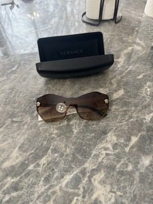 VERSACE VE2182 GLAM Stud Medusa Head 2182 Brown Gradient Gold Shield Sunglasses