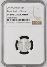 1/0 TOP POP - 2017 Great Britain Silver 5 Pence Royal Shield Of Arms NGC PF69