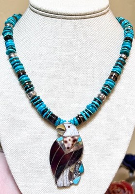 Vintage Native American Zuni Signed Sterling Silver Turquoise Eagle Necklace