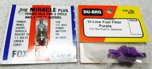 N.O.S. Fox Glo-Plug + Du-Bro In-Line Fuel Filter/ Purple # 835/ Sealed Old Stock