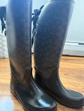 Women's COACH Tristee Lace-Up Corset Signature Logo Rain Boots Black Size 7B