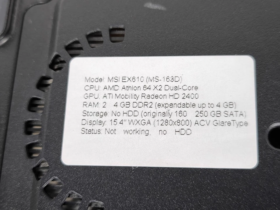 MSI EX610 (MS-163D) Laptop - For Parts, No HDD, Signs of Use - Image 2 of 4
