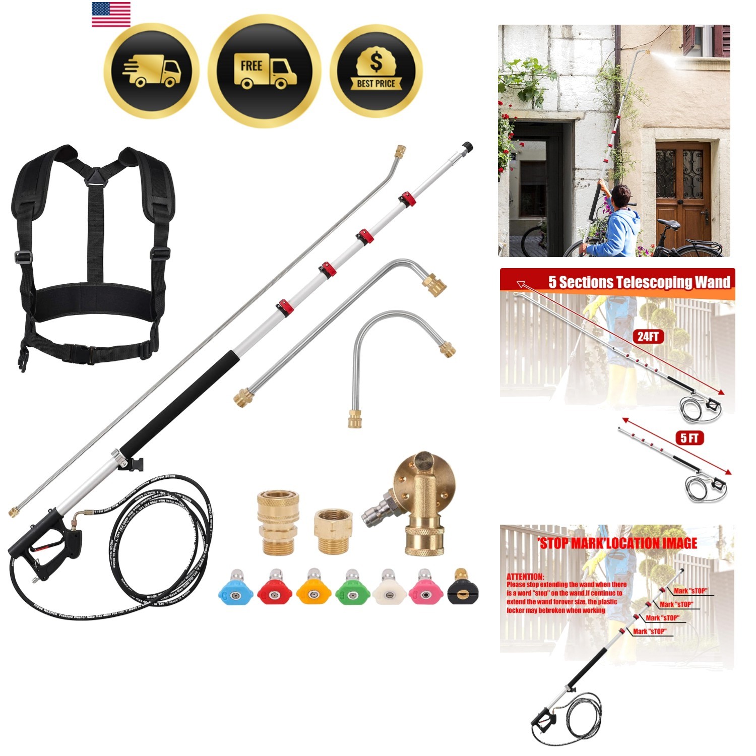 Pressure Washer Extension Wand 24 FT Telescoping Gutter Cleaner Nozzles Adapter