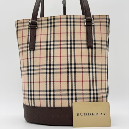 Burberry Nova Check Saffiano Leather Bucket Tote Bag Brown Used Authentic