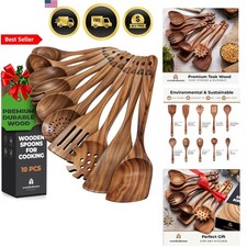 Wooden Cooking Spoons Utensil Set 10 Pcs Teak Wood Nonstick SafeHeat Resistant