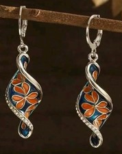Retro Boho Enameled Flowers Hoop Earrings w/Rhinestone Accents Approx 1.96"L