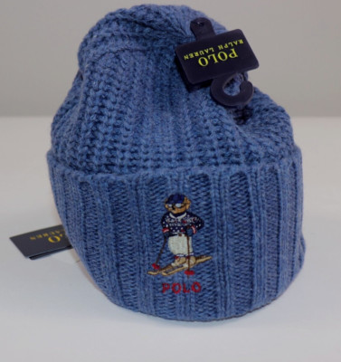 RALPH LAUREN Men's Hat OS Blue POLO SKI DOG Fisherman Chain Rib Knit NEW $68