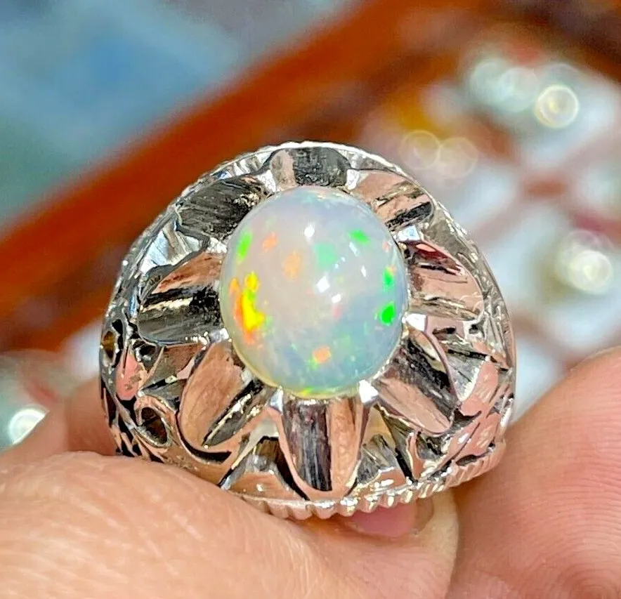 Ethiopian Fire Water Opal Stone Ring Natural Fire Opal Ring Genuine Fire  Opal