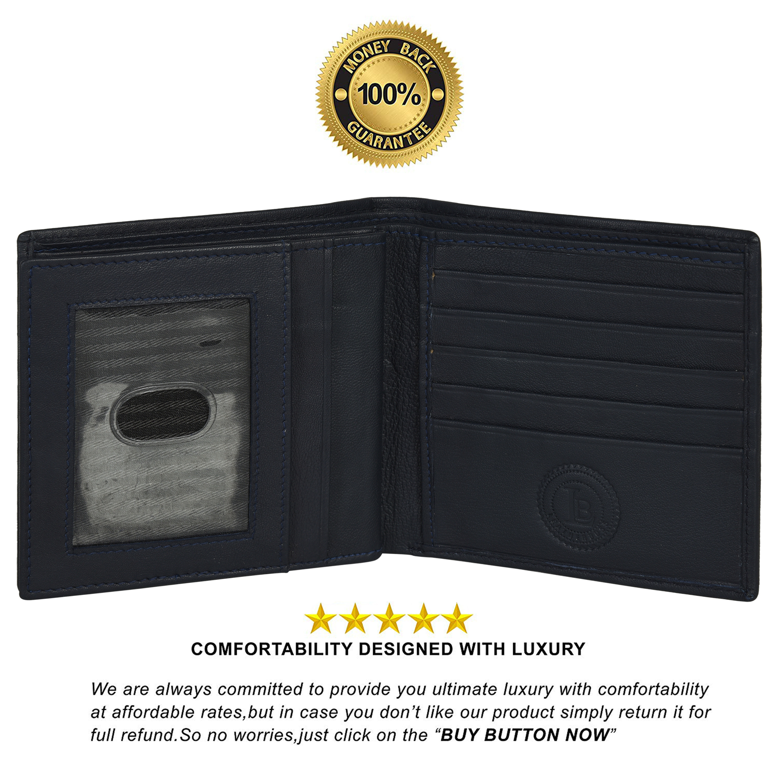 Leatherboss Genuine Leather Men Hipster RFID Protected Bifold Wallet ,Black