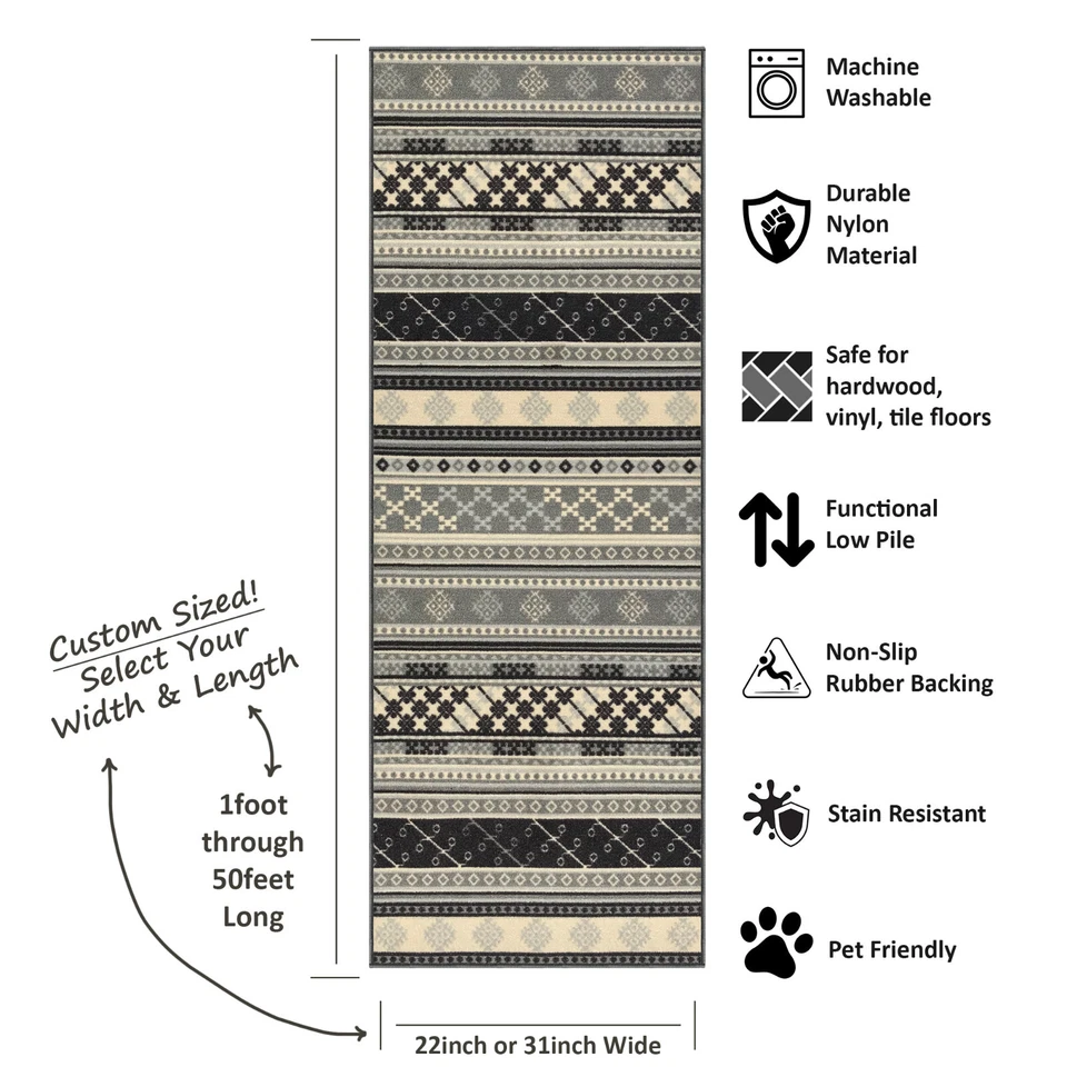 Custom Size Stair Hallway Runner Rug Rubber Back Non Skid Grey Kilim Design - Image 3 of 4