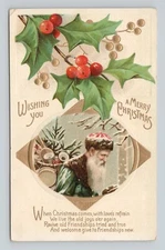 Postcard Blue Brown Santa Inset Wishing You Merry Christmas Holly Berries