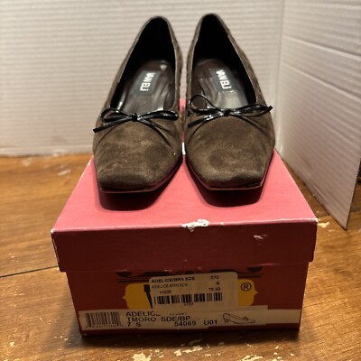 VanEli Women s Brown Fabric Bow Square Toe Low Cuban Heel Size 7 N Dress Shoe