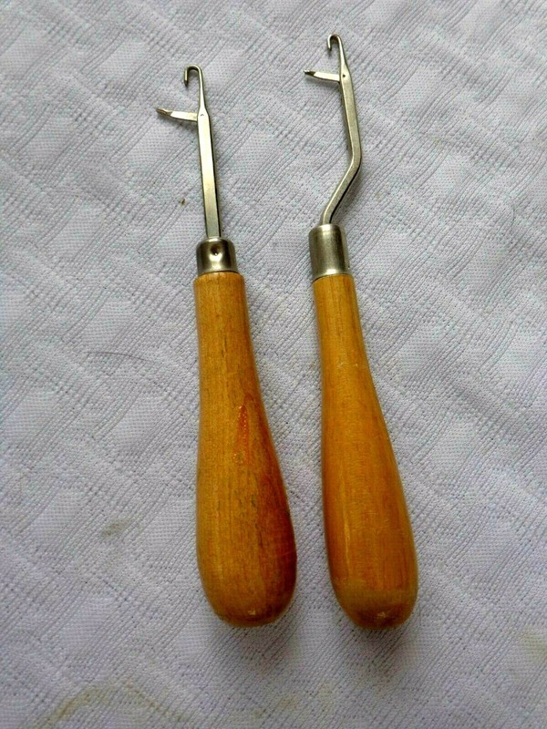 2  VINTAGE LATCH HOOKING  RUG TOOLS with WOODEN HANDLES -Made in the USA